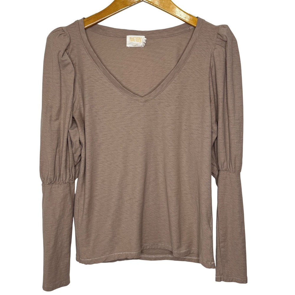 Nation LTD Emilia V-Neck Puff Drama Sleeve Top Medium Tan‎